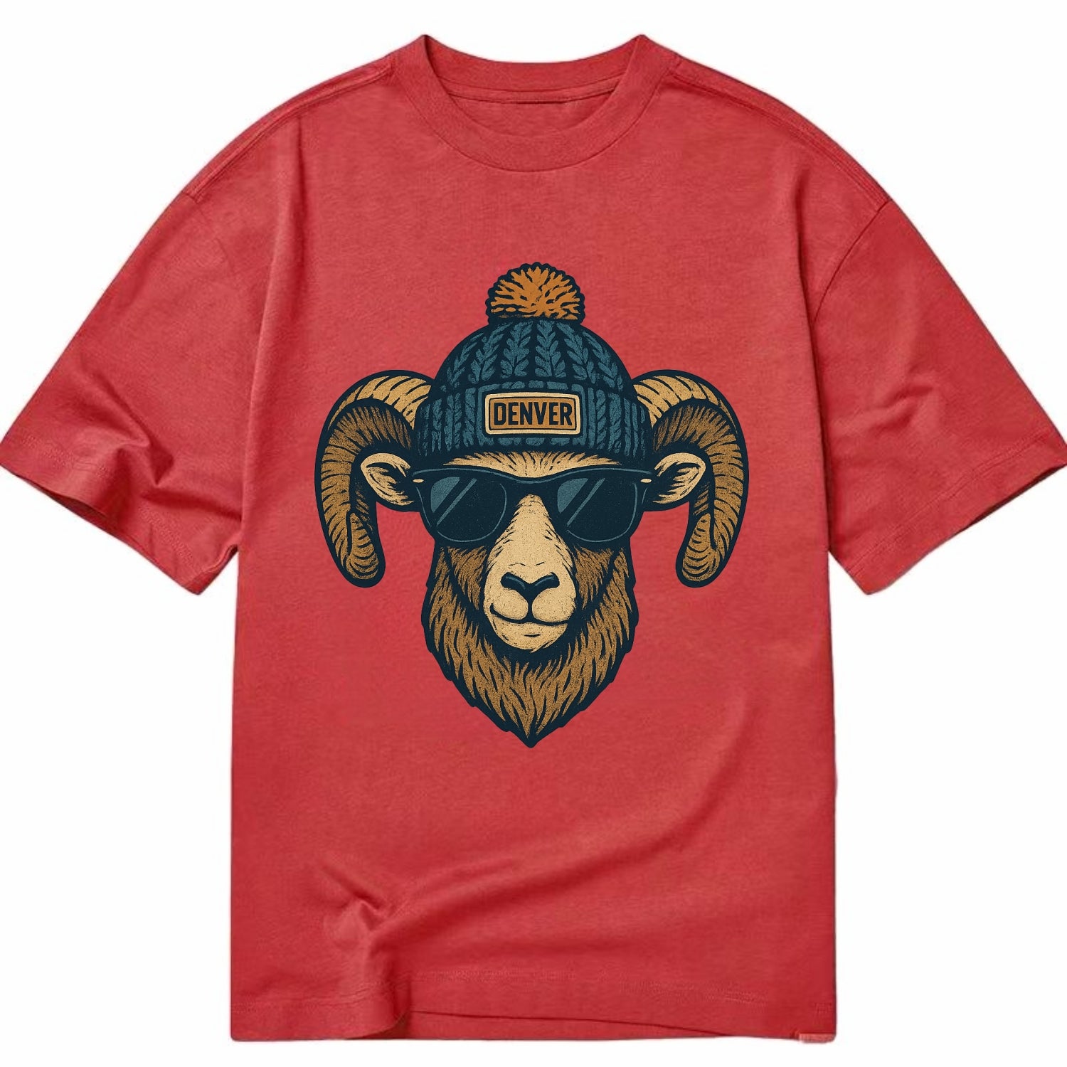 Colorado Rocky Mountain Bighorn Sheep wearing Denver beanie with pom pom and - Classic T-shirt - Red
