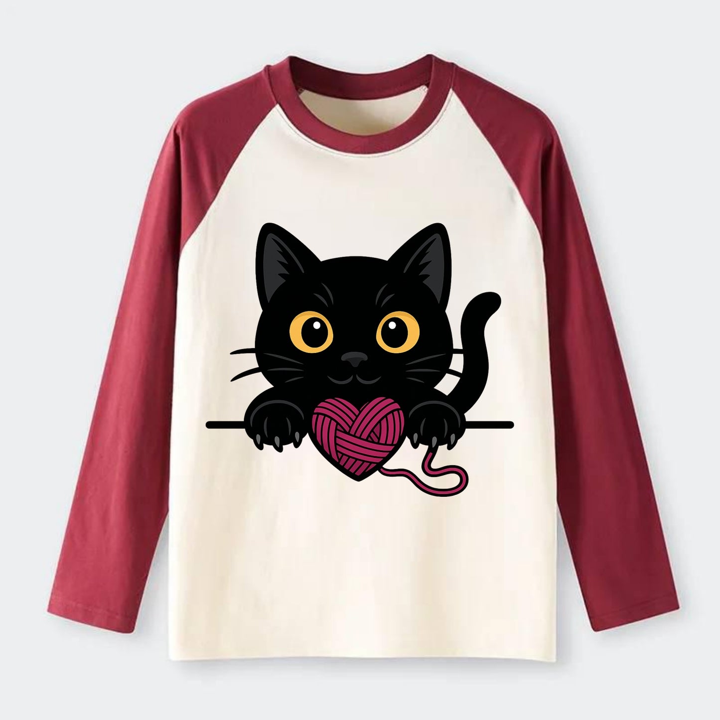 Midnight the black cat stretching tall with claws gently hooked over - Raglan Long Sleeve T-Shirt - Red