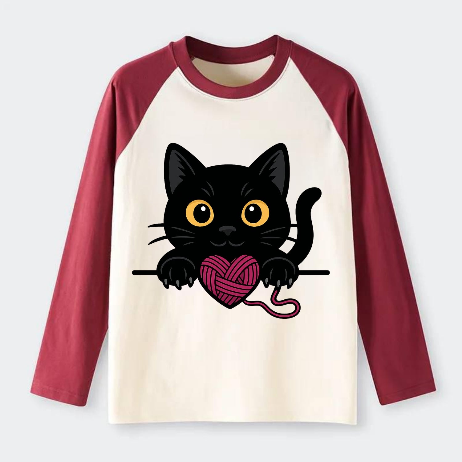 Midnight the black cat stretching tall with claws gently hooked over - Raglan Long Sleeve T-Shirt - Red