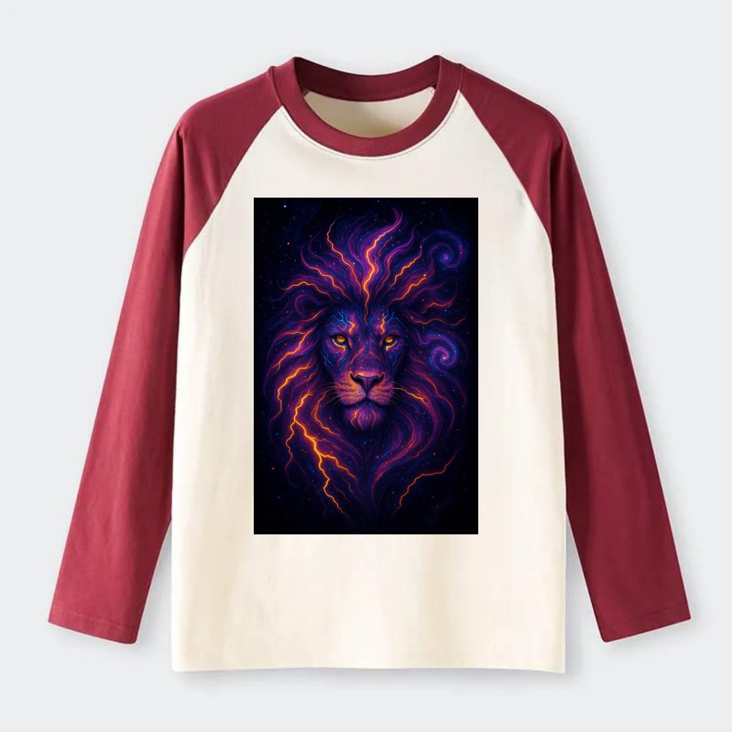 Regal lion with mane made of electric currents, neon yellow and hot - Raglan Long Sleeve T-Shirt - Red