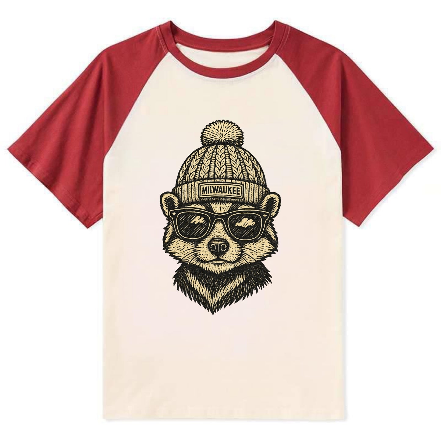Wisconsin Badger wearing Milwaukee beanie with pom pom and wayfarer - Contrast Raglan T-shirt - Red