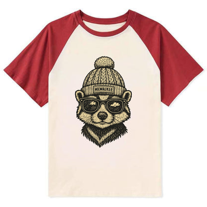 Wisconsin Badger wearing Milwaukee beanie with pom pom and wayfarer - Contrast Raglan T-shirt - Red