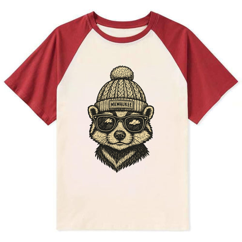 Wisconsin Badger wearing Milwaukee beanie with pom pom and wayfarer - Contrast Raglan T-shirt