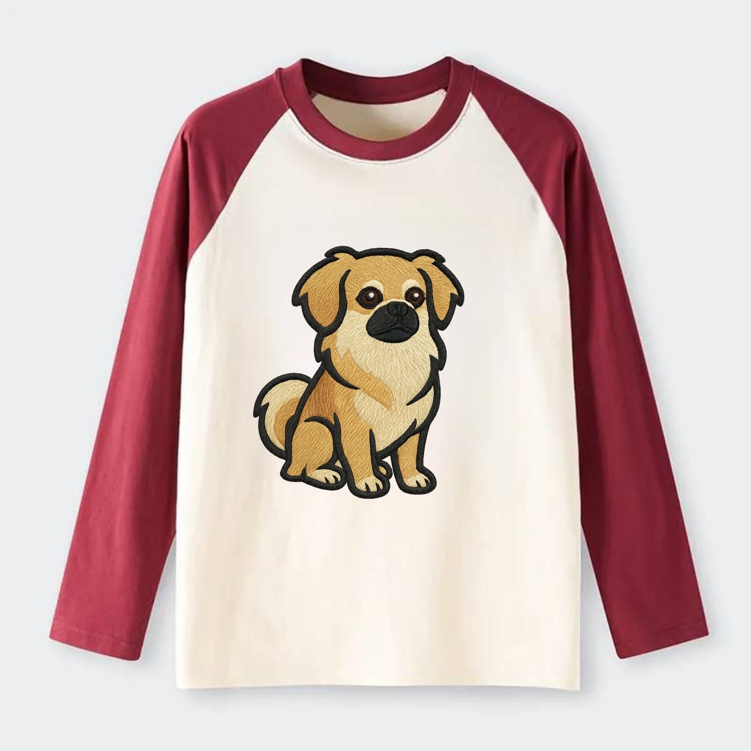 Tibetan Spaniel - Fawn small dog embroidered design - Raglan Long Sleeve T-Shirt - Red