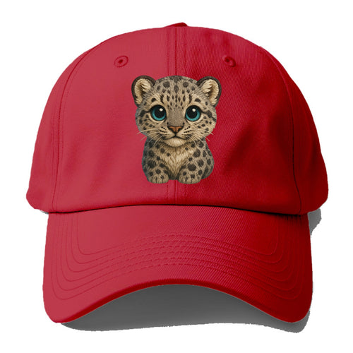 Baby Snow Leopard Cub - gray spotted, thick fur, blue-green eyes, front-facing, - Baseball Cap