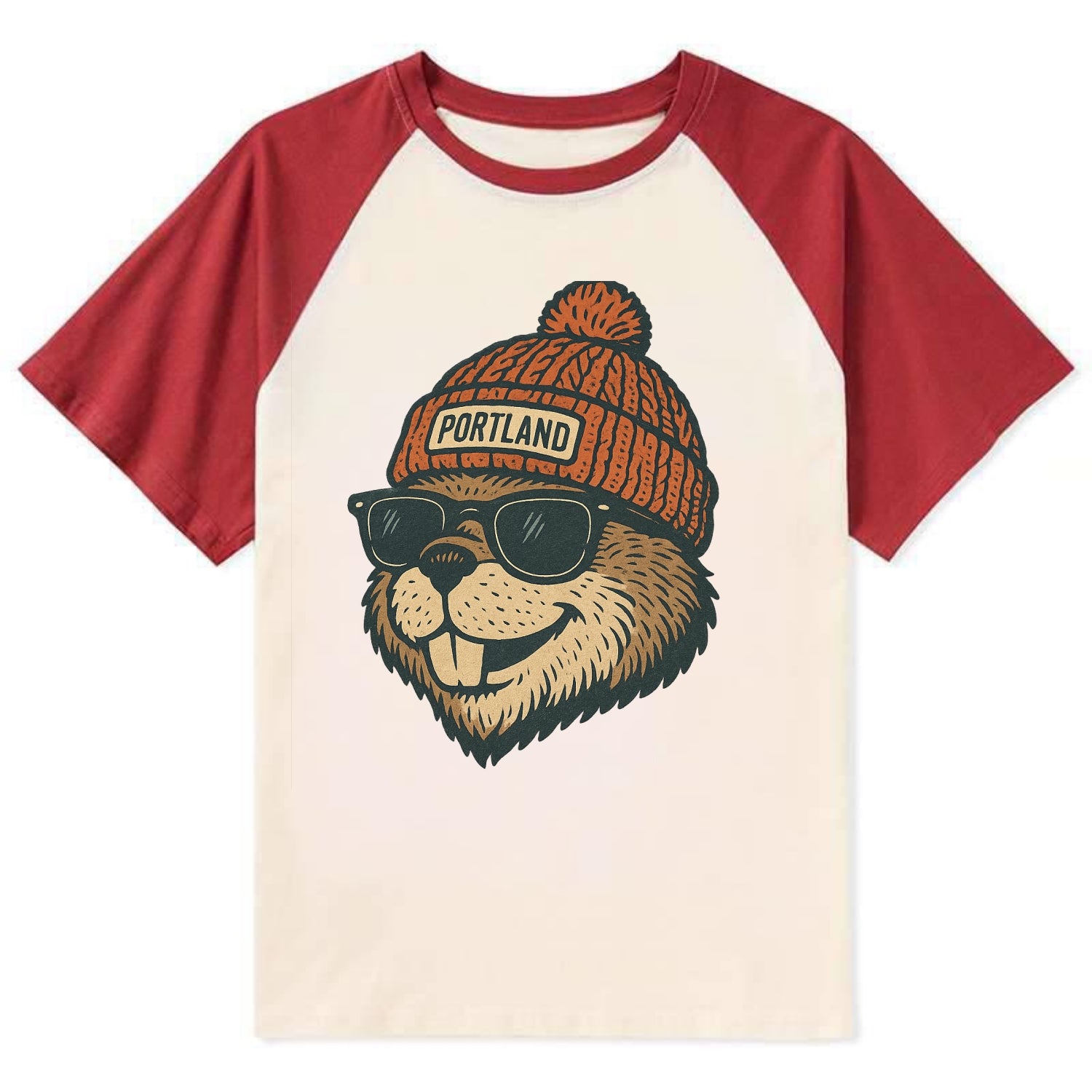 Oregon Beaver wearing Portland beanie with pom pom and wayfarer sunglasses - Contrast Raglan T-shirt - Red