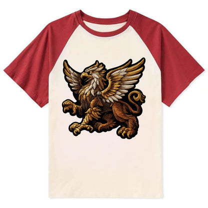 GRIFFIN BEAST - lion eagle hybrid in gold and brown , heraldic - Contrast Raglan T-shirt - Red