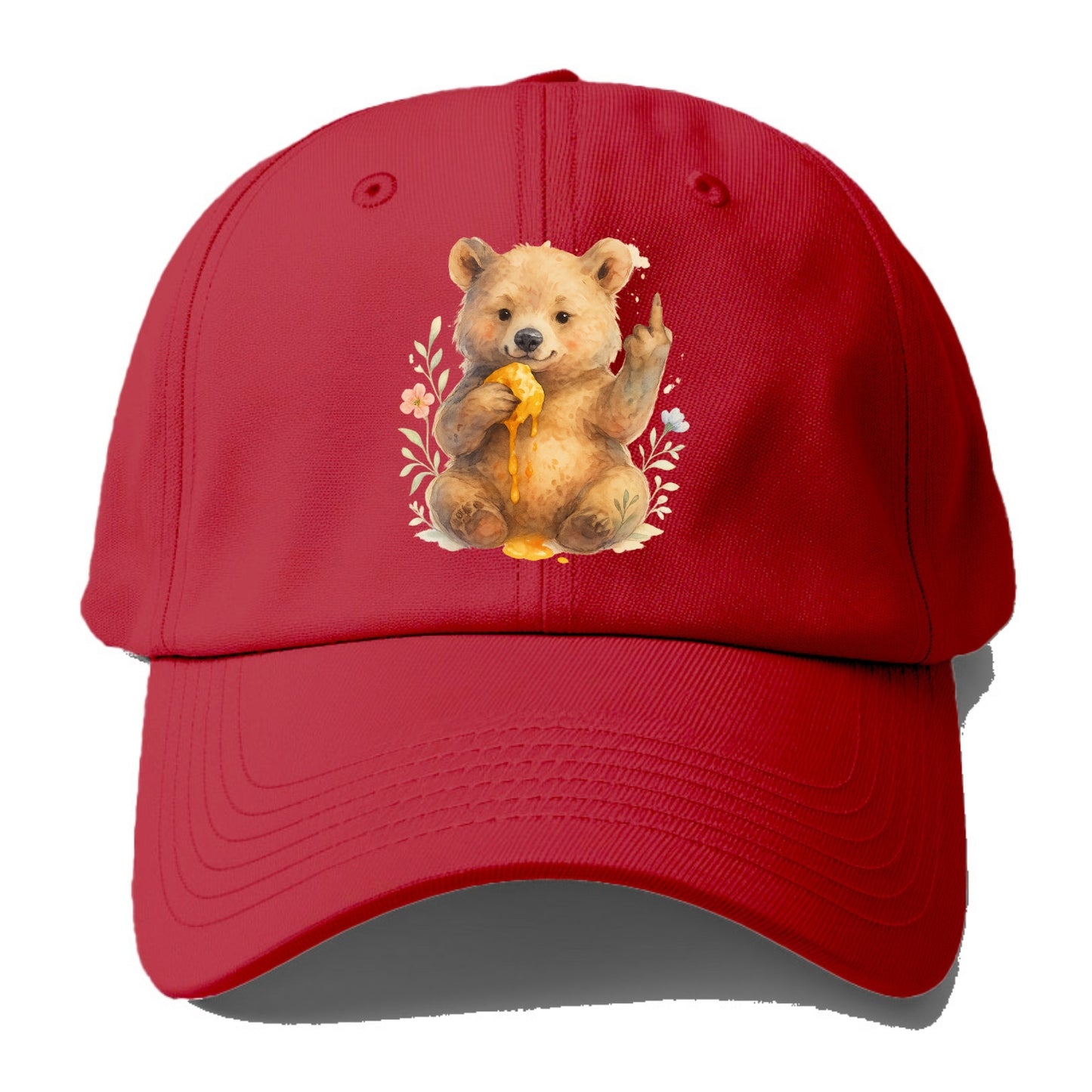 chubby bear cub eating dripping honey, sticky paw up with middle finger - Baseball Cap - Red