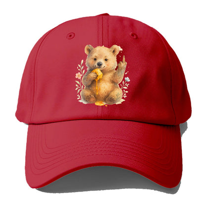 chubby bear cub eating dripping honey, sticky paw up with middle finger - Baseball Cap - Red