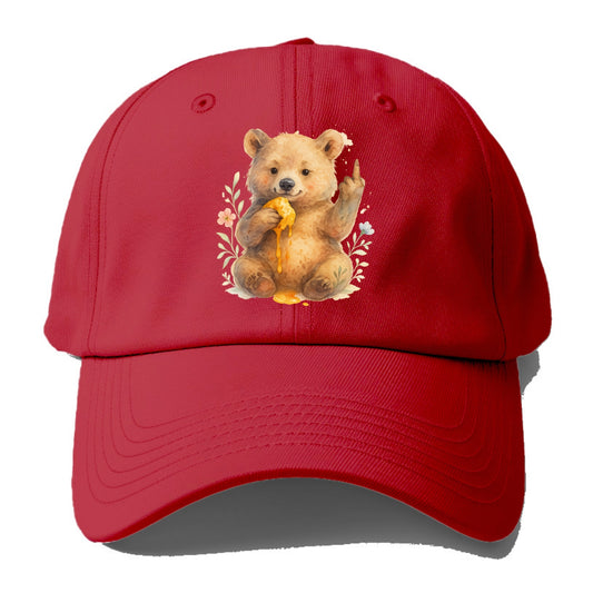 chubby bear cub eating dripping honey, sticky paw up with middle finger - Baseball Cap - Red