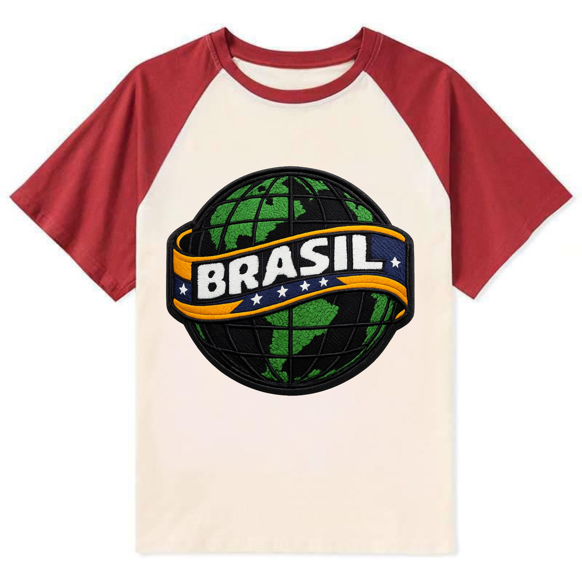 BRAZILIAN FLAG GLOBE - green globe with banner in green yellow blue , - Contrast Raglan T-shirt - Red