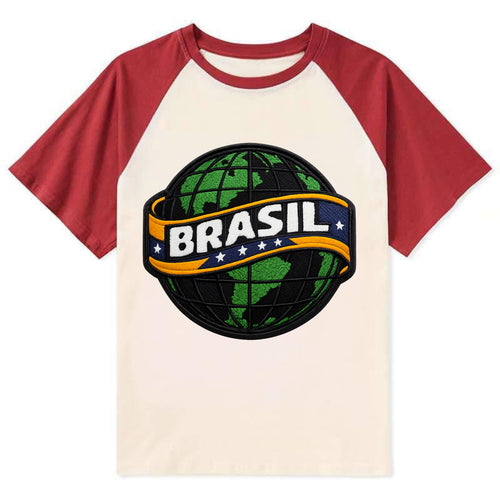 BRAZILIAN FLAG GLOBE - green globe with banner in green yellow blue , - Contrast Raglan T-shirt