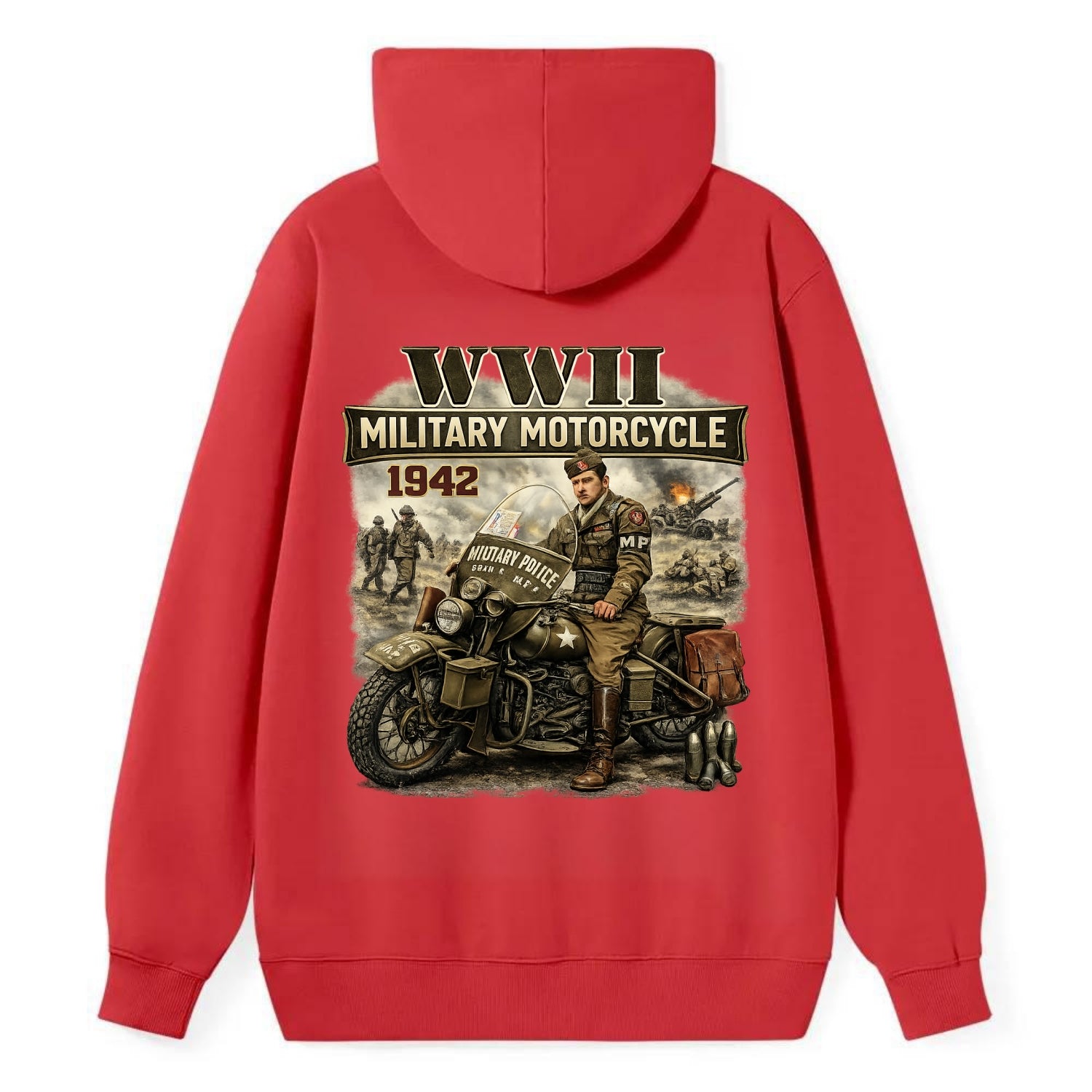 Wwii Military Motorcycle 1942 - Classic Pullover Hoodie - Red