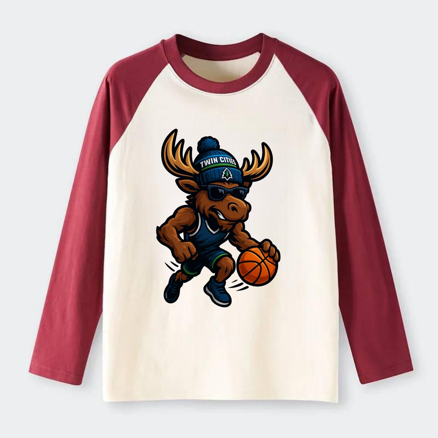 Twin Cities Moose wearing Timberwolves beanie with pine tree patch and - Raglan Long Sleeve T-Shirt - Red