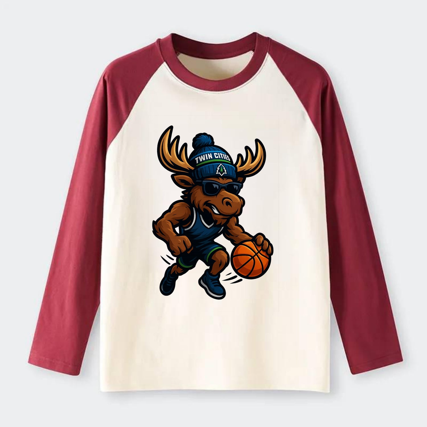 Twin Cities Moose wearing Timberwolves beanie with pine tree patch and - Raglan Long Sleeve T-Shirt - Red