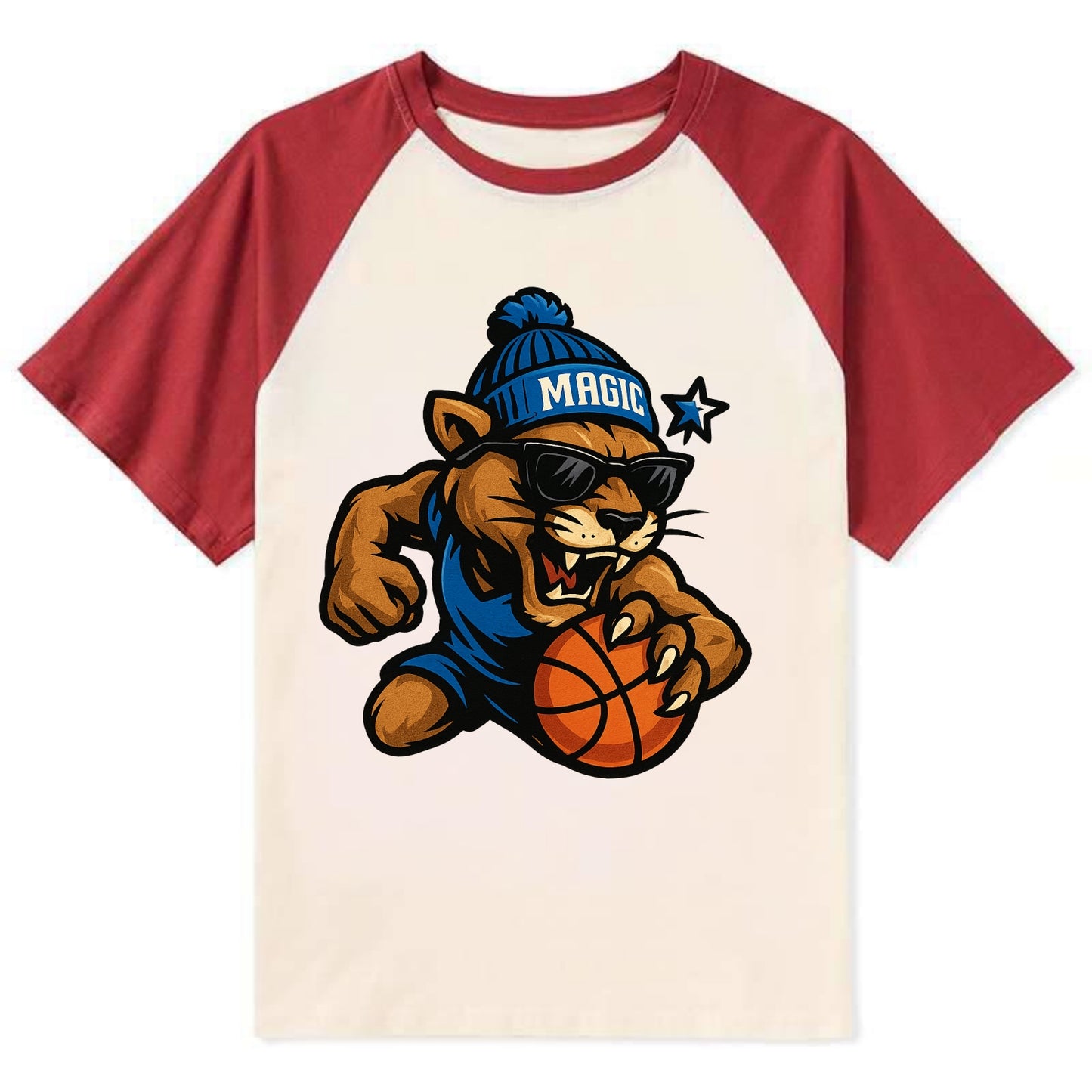 Florida Panther wearing Magic beanie with star wand patch and wayfarer - Contrast Raglan T-shirt - Red