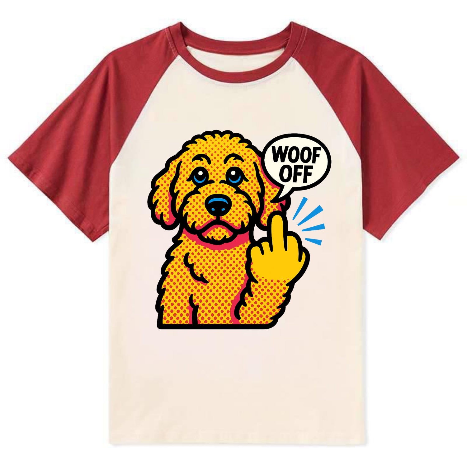 Goldendoodle with teddy bear face and curly golden coat, friendly paw - Contrast Raglan T-shirt - Red