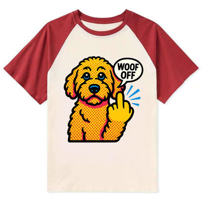 Goldendoodle with teddy bear face and curly golden coat, friendly paw - Contrast Raglan T-shirt - Red