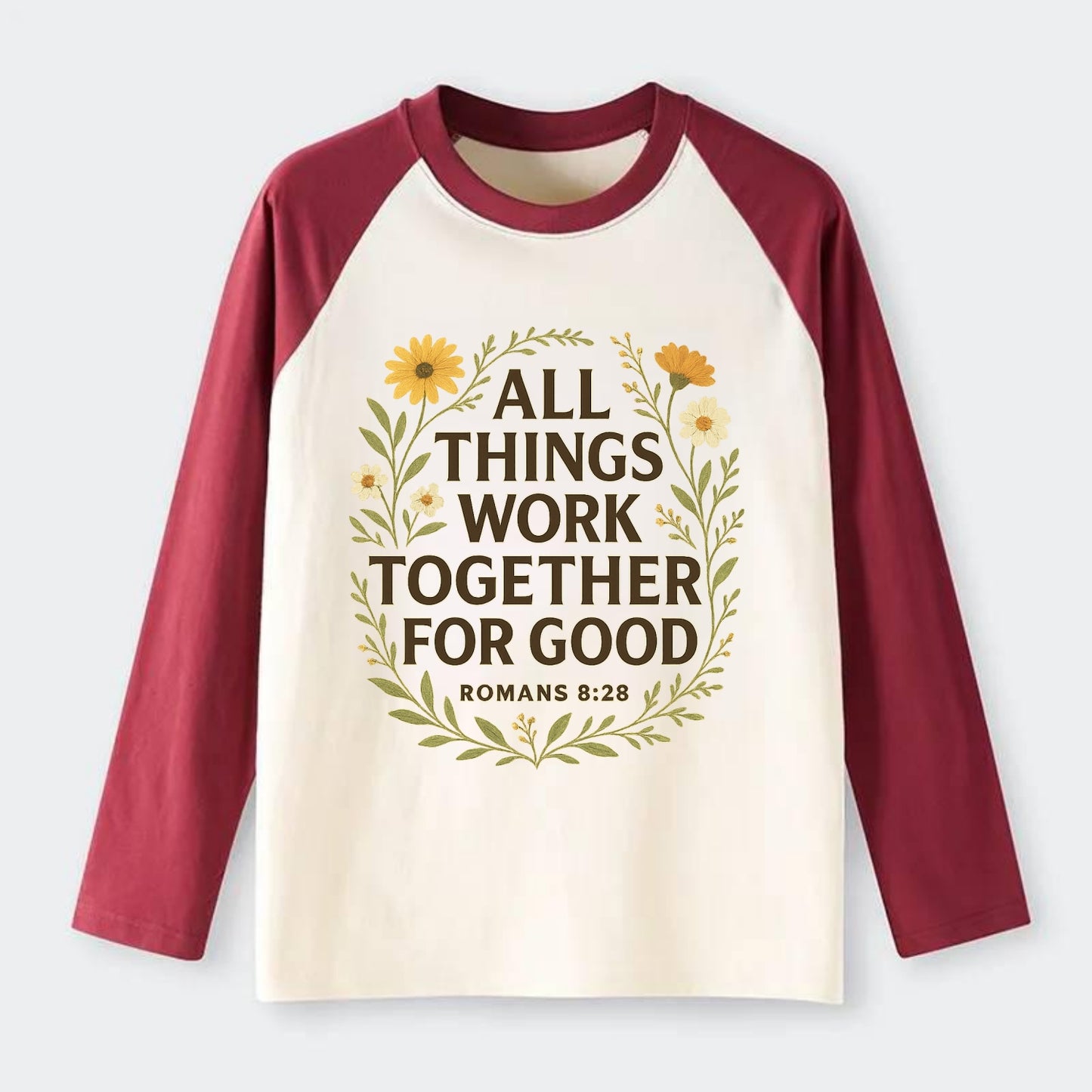 Romans 8:28 Flowers - Raglan Long Sleeve T-Shirt - Red