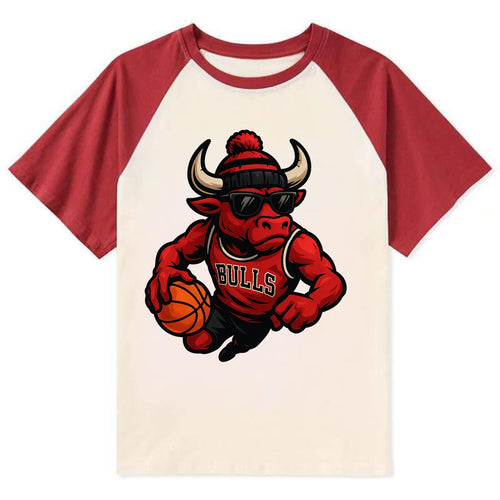 Chicago Bull wearing Bulls red and black beanie with horns design and - Contrast Raglan T-shirt