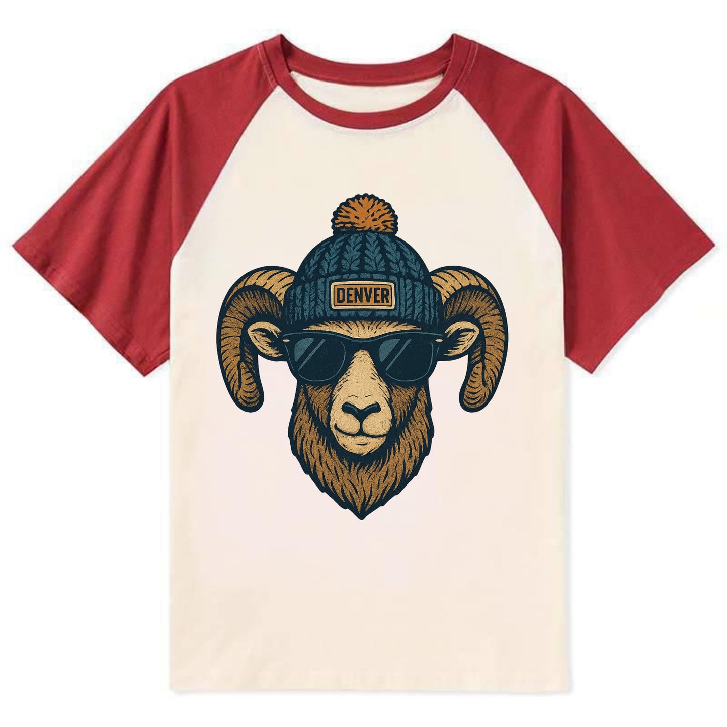 Colorado Rocky Mountain Bighorn Sheep wearing Denver beanie with pom pom - Contrast Raglan T-shirt - Red