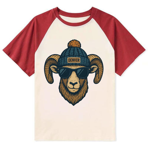 Colorado Rocky Mountain Bighorn Sheep wearing Denver beanie with pom pom - Contrast Raglan T-shirt