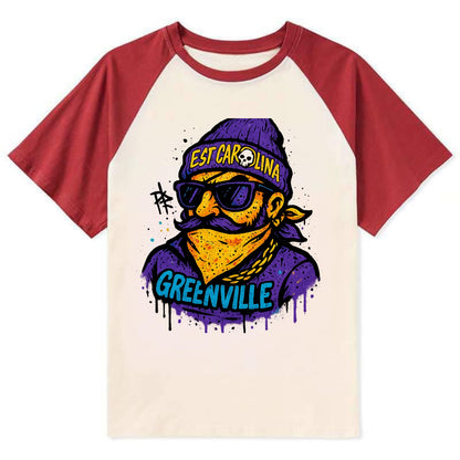 Greenville Pirate wearing East Carolina beanie with skull patch - Contrast Raglan T-shirt - Red