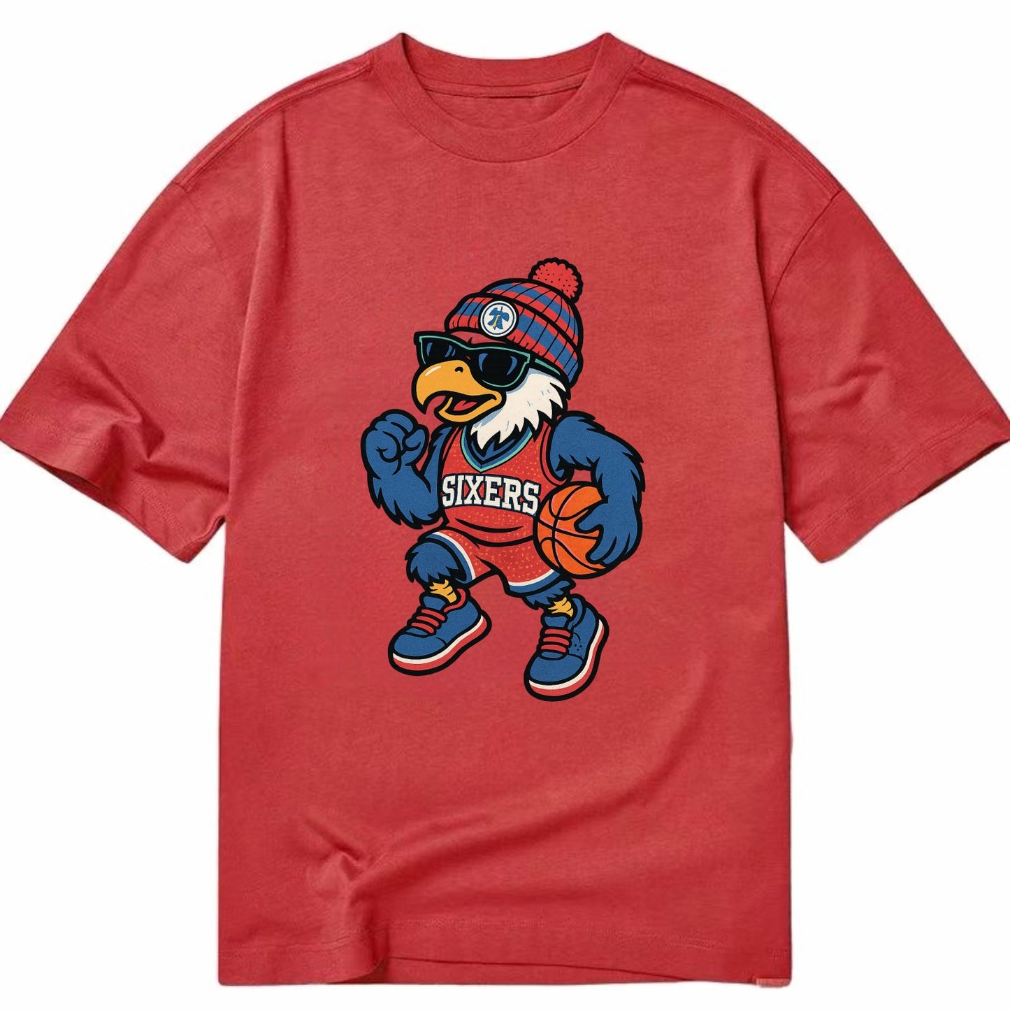 Philadelphia Eagle wearing 76ers red white and blue beanie with bell patch and - Classic T-shirt - Red