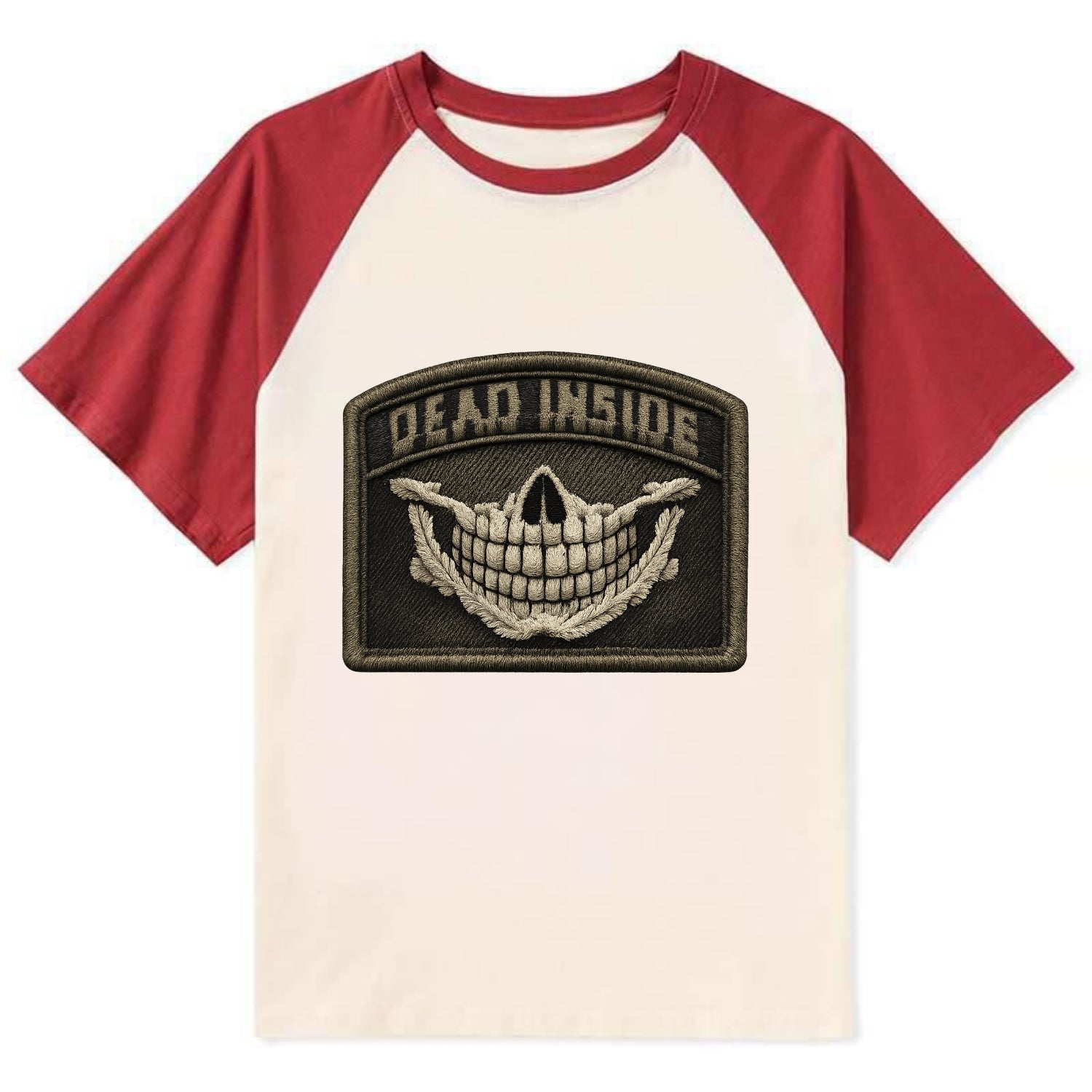 DEAD INSIDE SMILE - skeleton smile in white , dark humor - Contrast Raglan T-shirt - Red