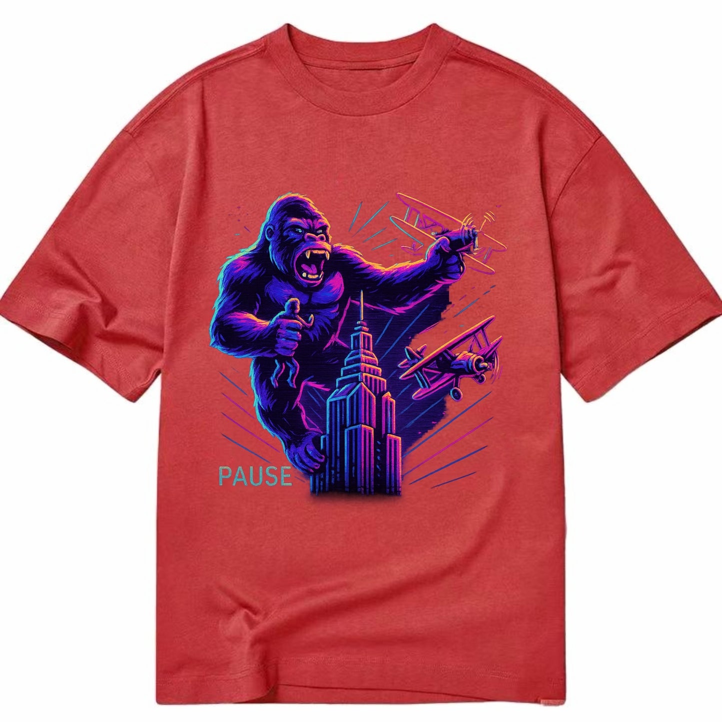 giant gorilla on top of skyscraper holding small figure, swatting planes - Classic T-shirt - Red
