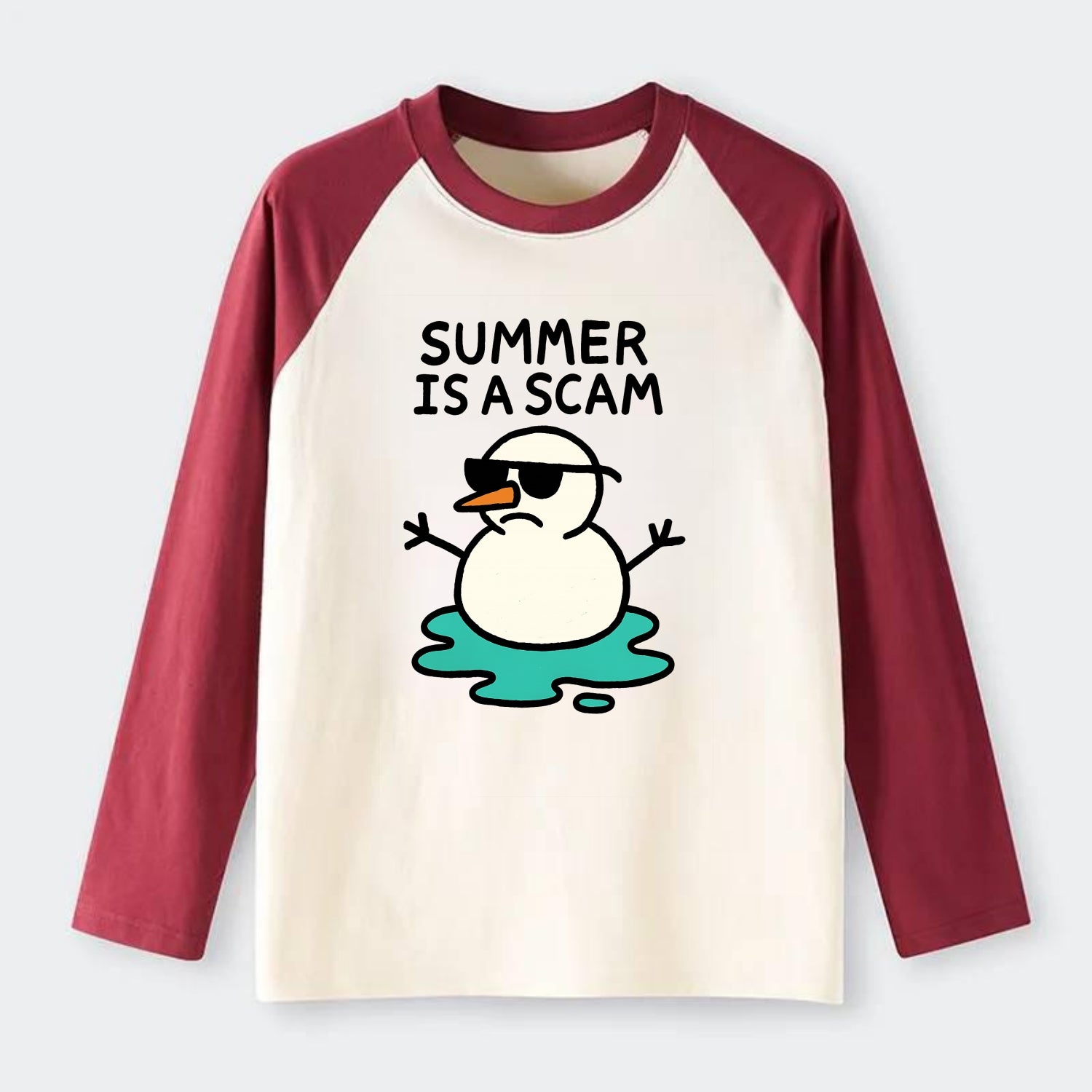 SUMMER IS A SCAM | Melting snowman in sunglasses - Raglan Long Sleeve T-Shirt - Red