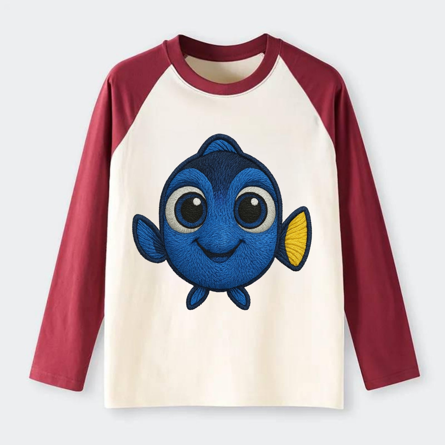 Baby Blue Tang - bright blue with yellow tail, big eyes, front-facing, - Raglan Long Sleeve T-Shirt - Red