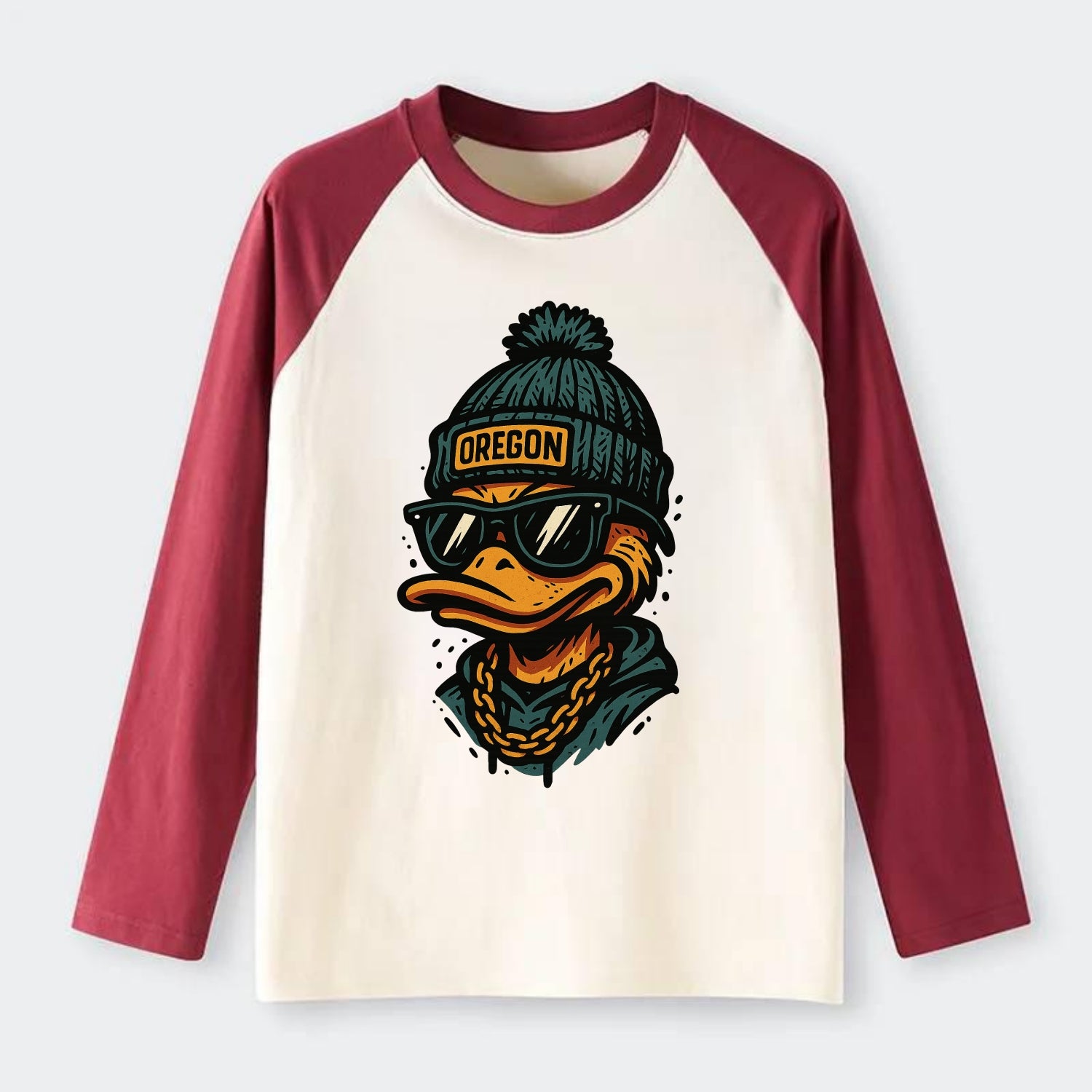 Eugene Duck wearing Oregon beanie with p - Raglan Long Sleeve T-Shirt - Red