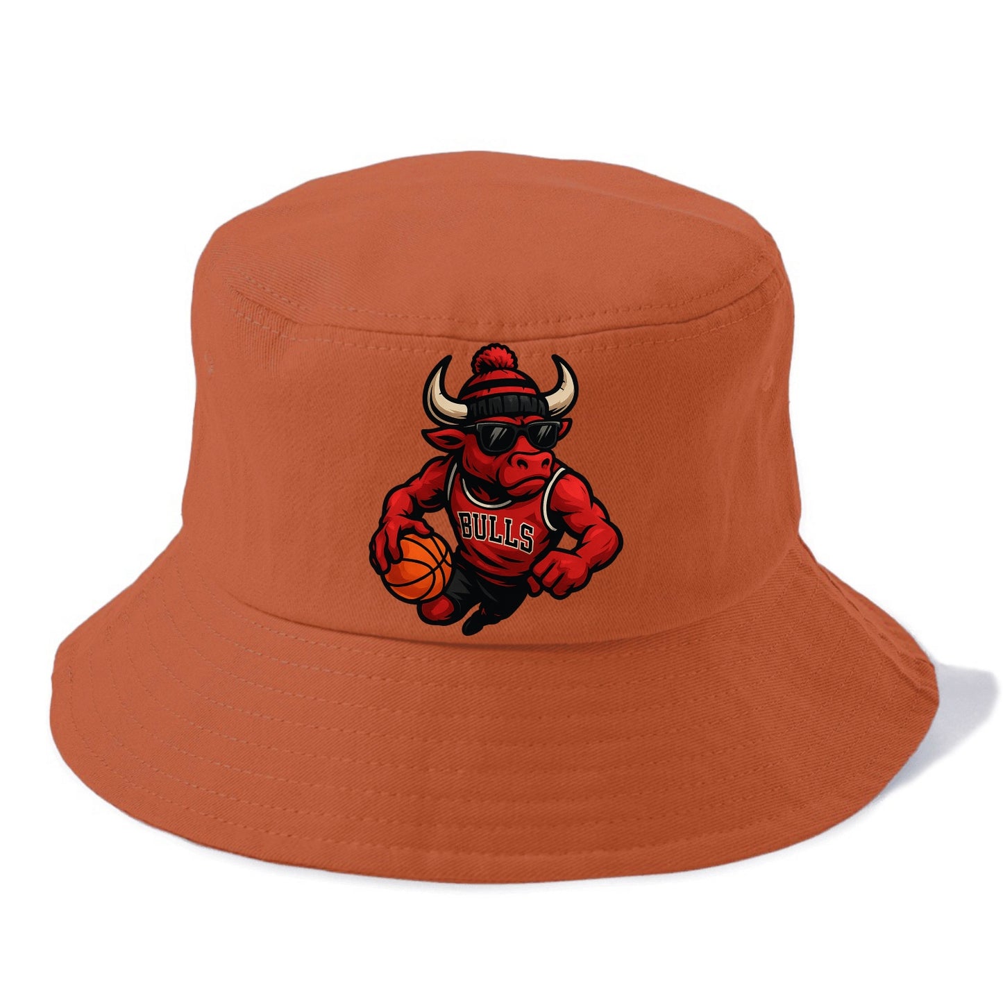 Chicago Bull wearing Bulls red and black beanie with horns design and wayfarer - Bucket Hat - Red