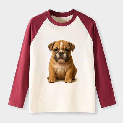 Baby Bulldog Puppy - wrinkly face, underbite, stocky body, gentle - Raglan Long Sleeve T-Shirt - Red