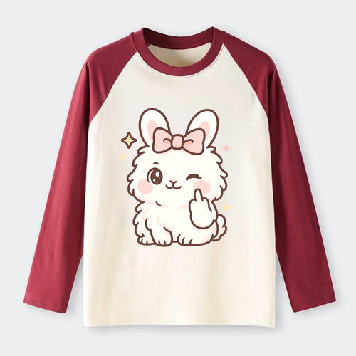 fluffy white angora rabbit with pink bow, one paw delicately flipping - Raglan Long Sleeve T-Shirt