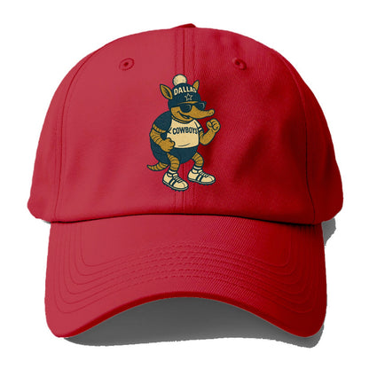 Dallas Armadillo wearing Cowboys beanie with lone star patch and wayfarer sunglasses - Baseball Cap - Red