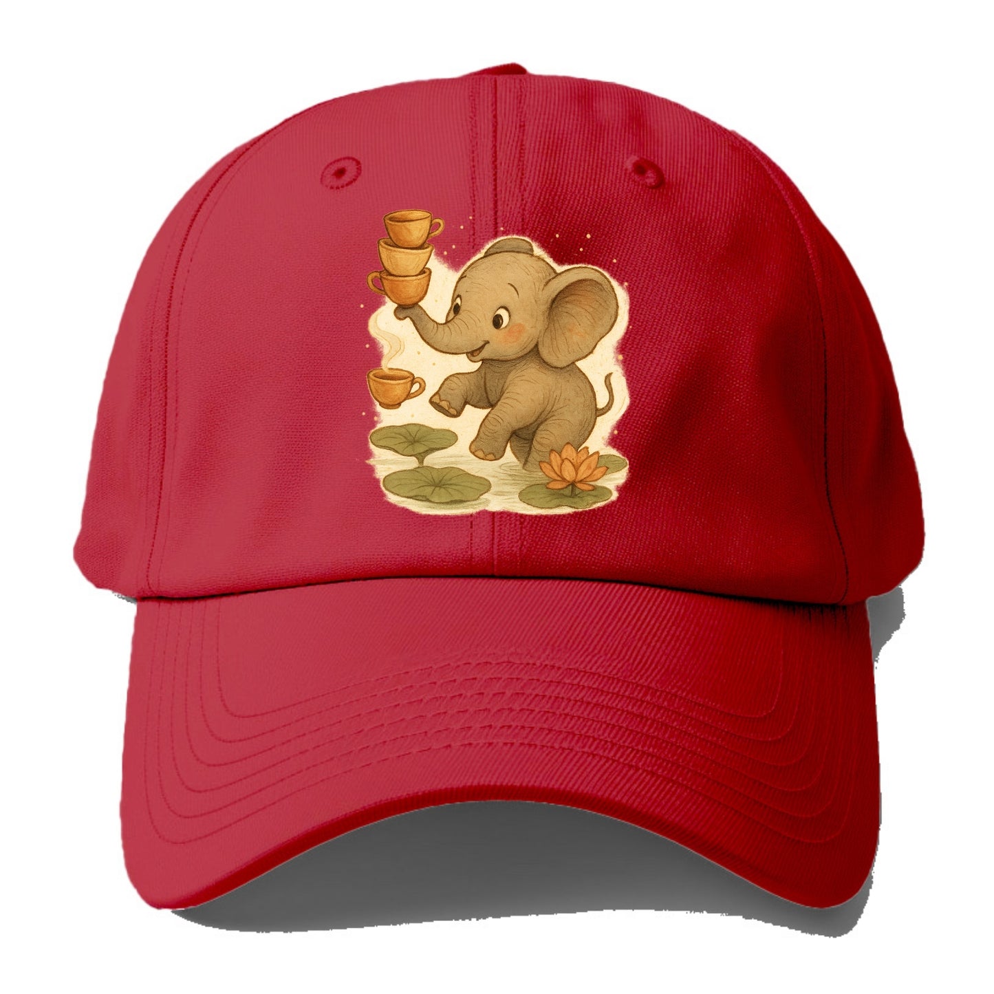 Elephant balancing teacups during a floating tea ceremony beside lotus ponds - Baseball Cap - Red