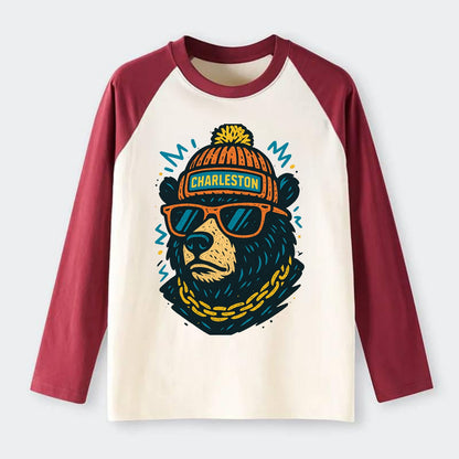 West Virginia Black Bear wearing Charleston beanie with pom pom and - Raglan Long Sleeve T-Shirt - Red