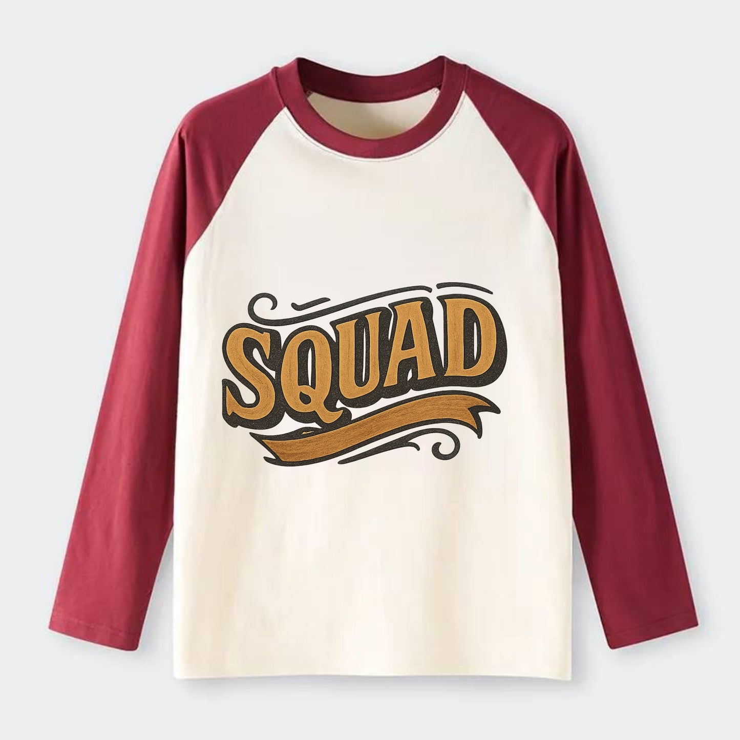 Bold typography design - "SQUAD" - your crew, your people - Raglan Long Sleeve T-Shirt - Red
