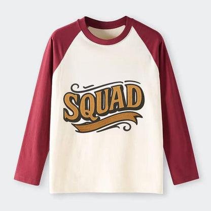 Bold typography design - "SQUAD" - your crew, your people - Raglan Long Sleeve T-Shirt - Red