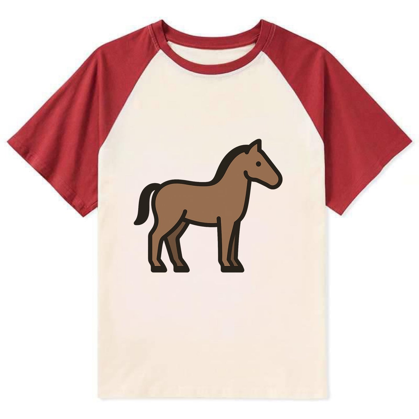 Horse - Brown standing pose flat side profile - Contrast Raglan T-shirt - Red