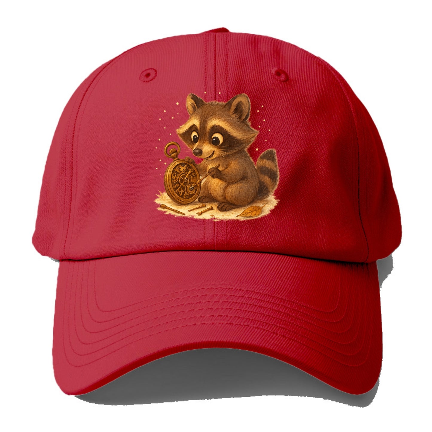 Raccoon tinkering with a steampunk pocket watch using tiny brass tools - Baseball Cap - Red