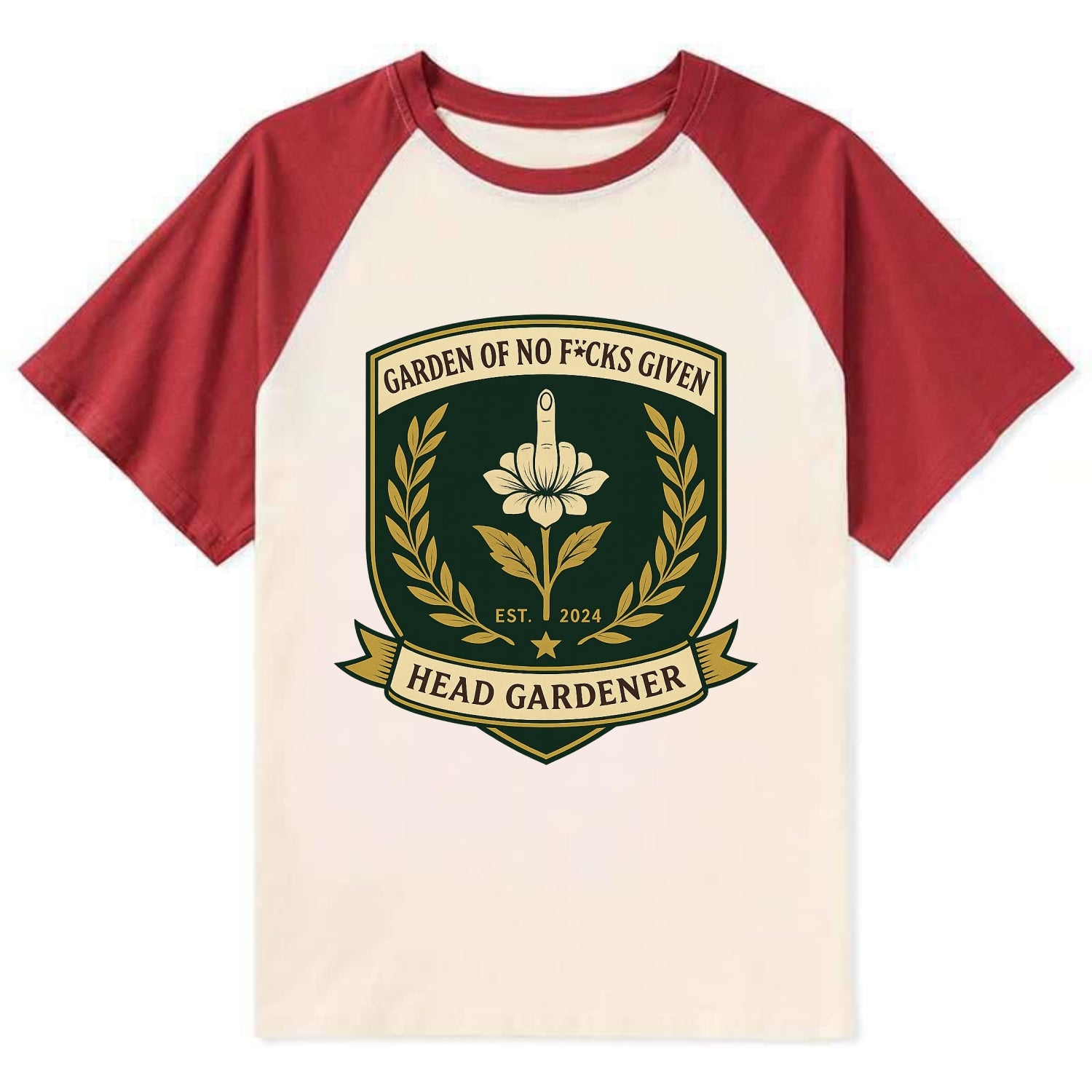Shield with middle finger flower - "Garden of No F*cks Given - Head - Contrast Raglan T-shirt - Red
