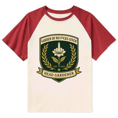 Shield with middle finger flower - "Garden of No F*cks Given - Head - Contrast Raglan T-shirt - Red