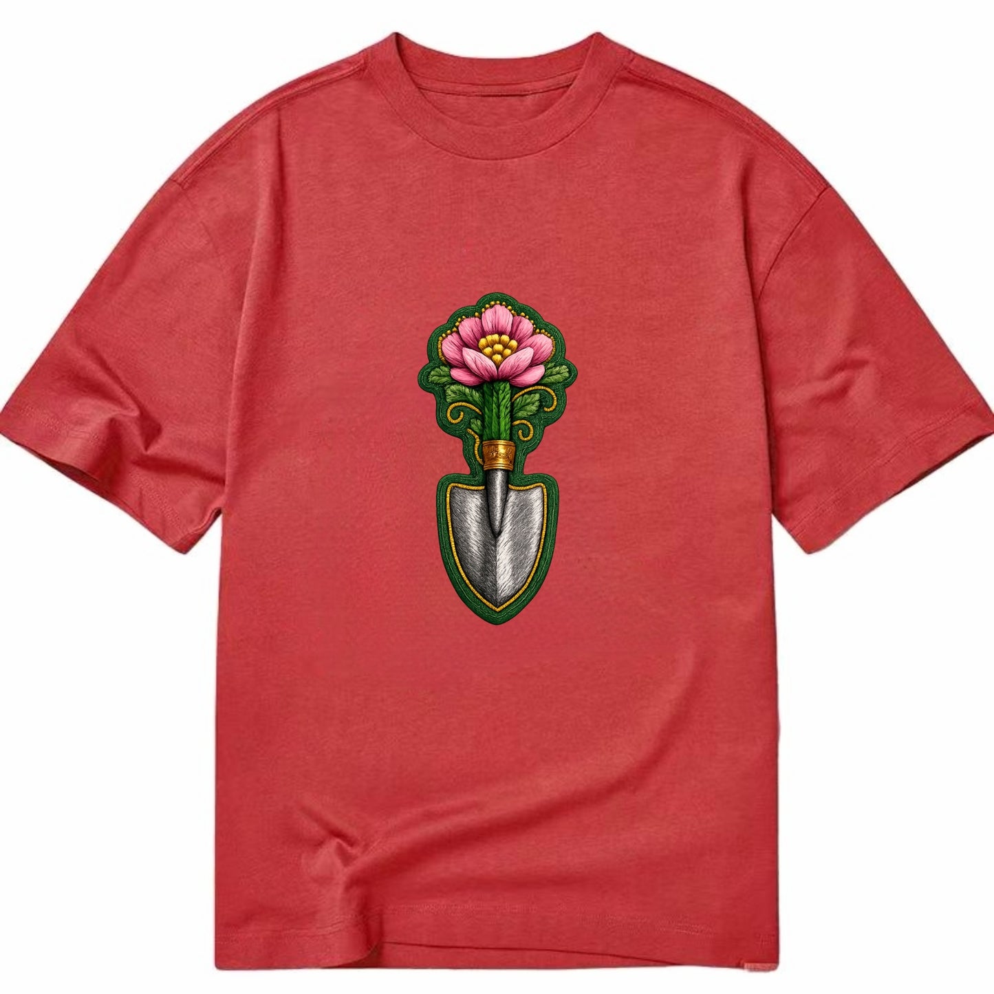 Embroidered patch design - GARDENING TROWEL FLOWER - garden tool with blooming - Classic T-shirt - Red