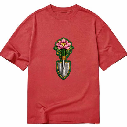Embroidered patch design - GARDENING TROWEL FLOWER - garden tool with blooming - Classic T-shirt - Red