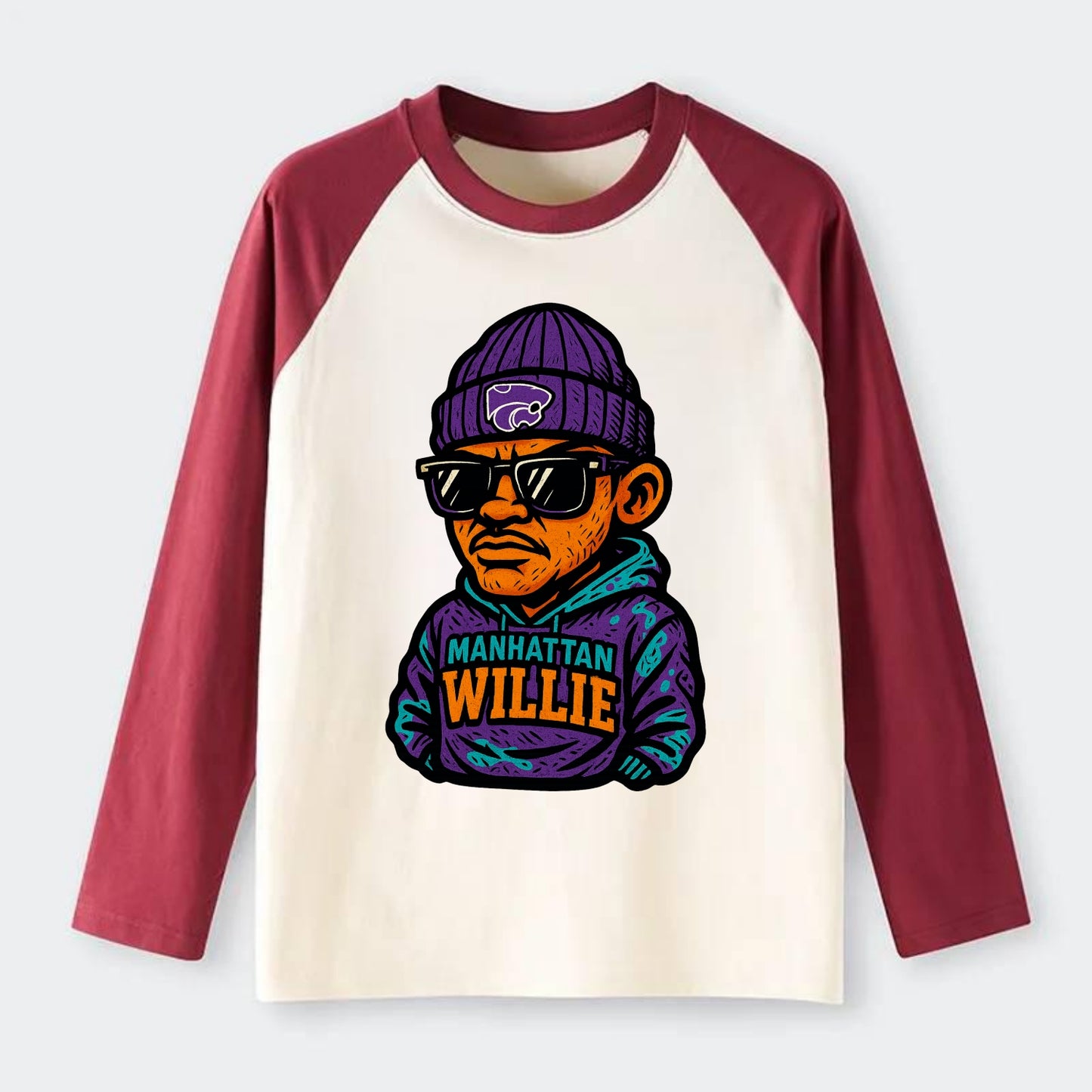 Manhattan Willie wearing Kansas State beanie with powercat patch - Raglan Long Sleeve T-Shirt - Red