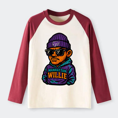 Manhattan Willie wearing Kansas State beanie with powercat patch - Raglan Long Sleeve T-Shirt - Red