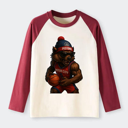 Motor City Wolverine wearing Pistons beanie with gear patch and - Raglan Long Sleeve T-Shirt - Red